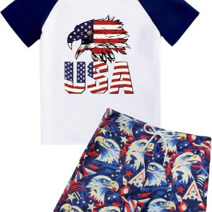 Roupa de banho para meninos 4 de julho - shorts de banho patrióticos infantis EUA Eagle Rash Guard, conjunto de roupa de banho 2 peças