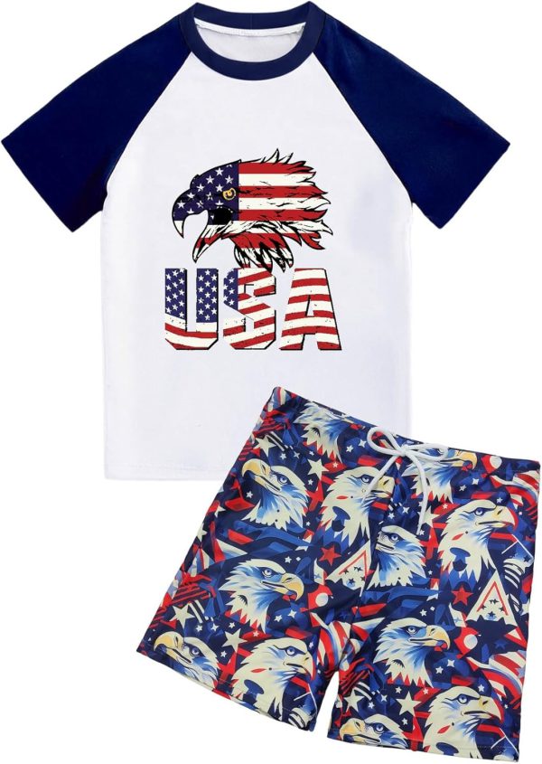 Roupa de banho para meninos 4 de julho - shorts de banho patrióticos infantis EUA Eagle Rash Guard, conjunto de roupa de banho 2 peças