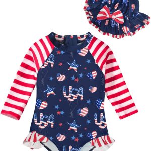BOMDEALS Maiô infantil infantil de 4 de julho com chapéu de manga comprida Rash Guard bandeira americana