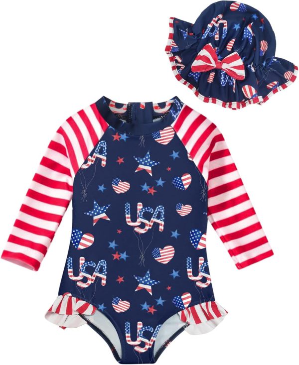 BOMDEALS Maiô infantil infantil de 4 de julho com chapéu de manga comprida Rash Guard bandeira americana
