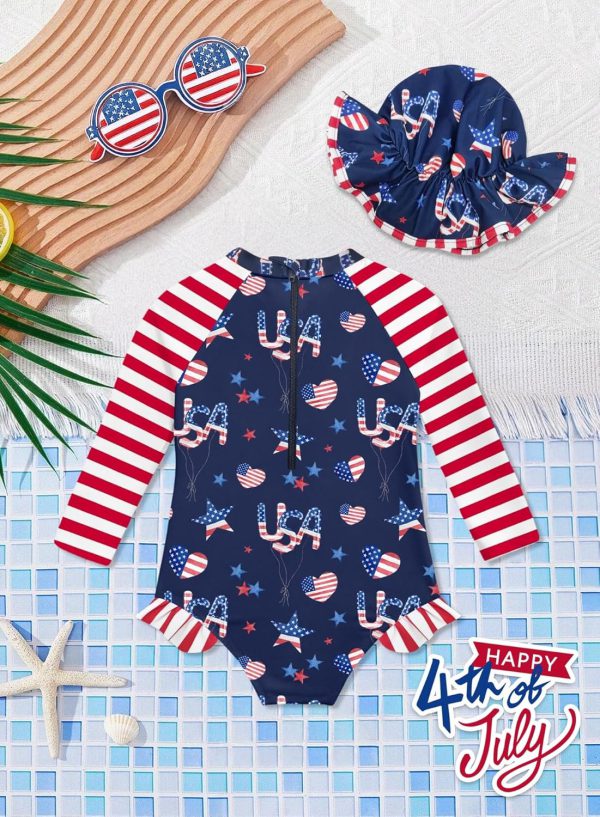 BOMDEALS Maiô infantil infantil de 4 de julho com chapéu de manga comprida Rash Guard bandeira americana